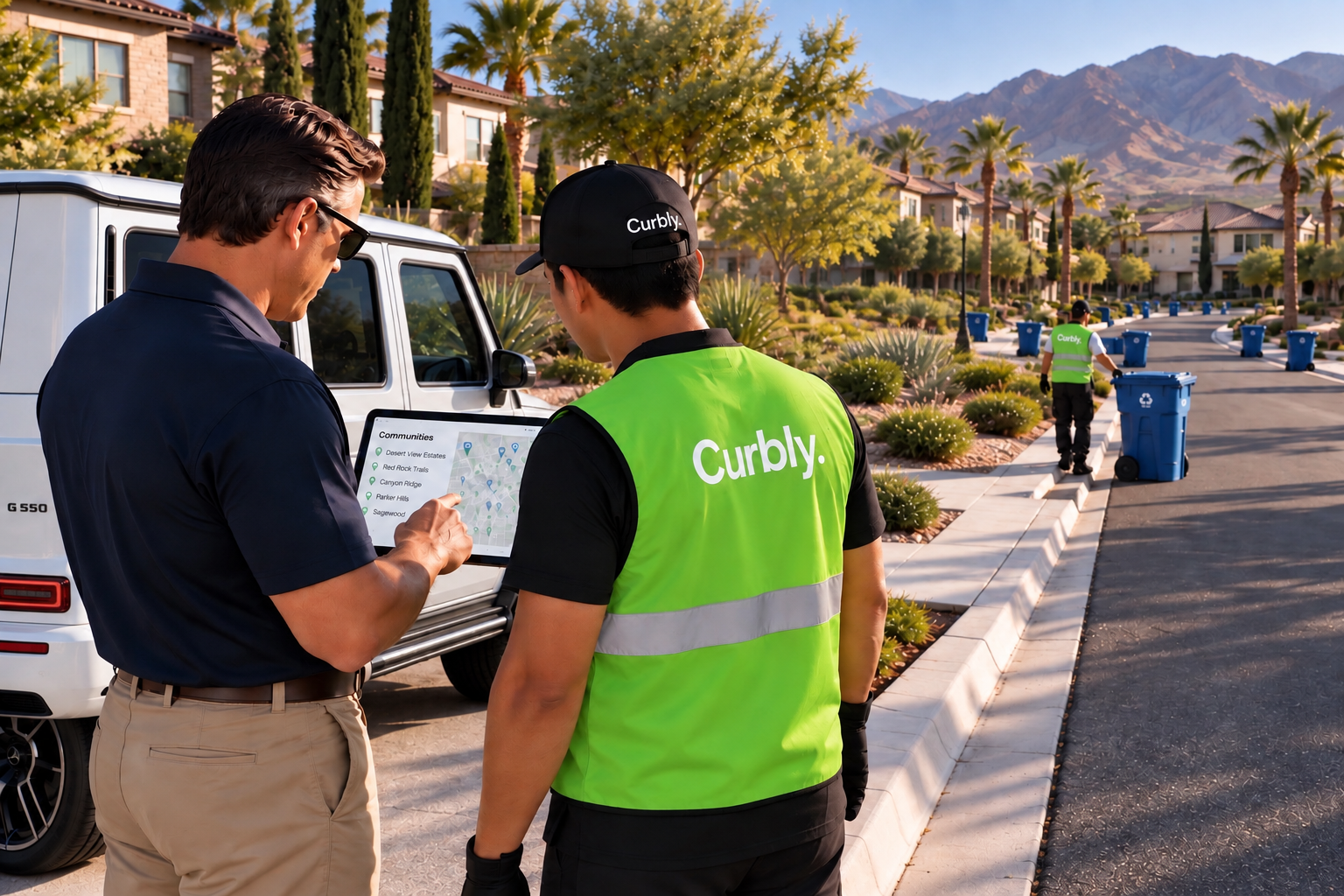 A property manager and Curbly operator reviewing community coordination beside a service vehicle