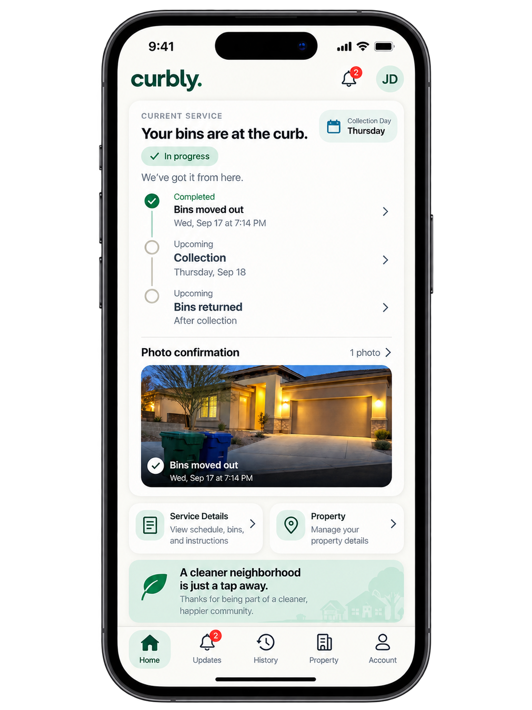 Curbly customer app showing an active service with bins at the curb, service progress, and photo confirmation.