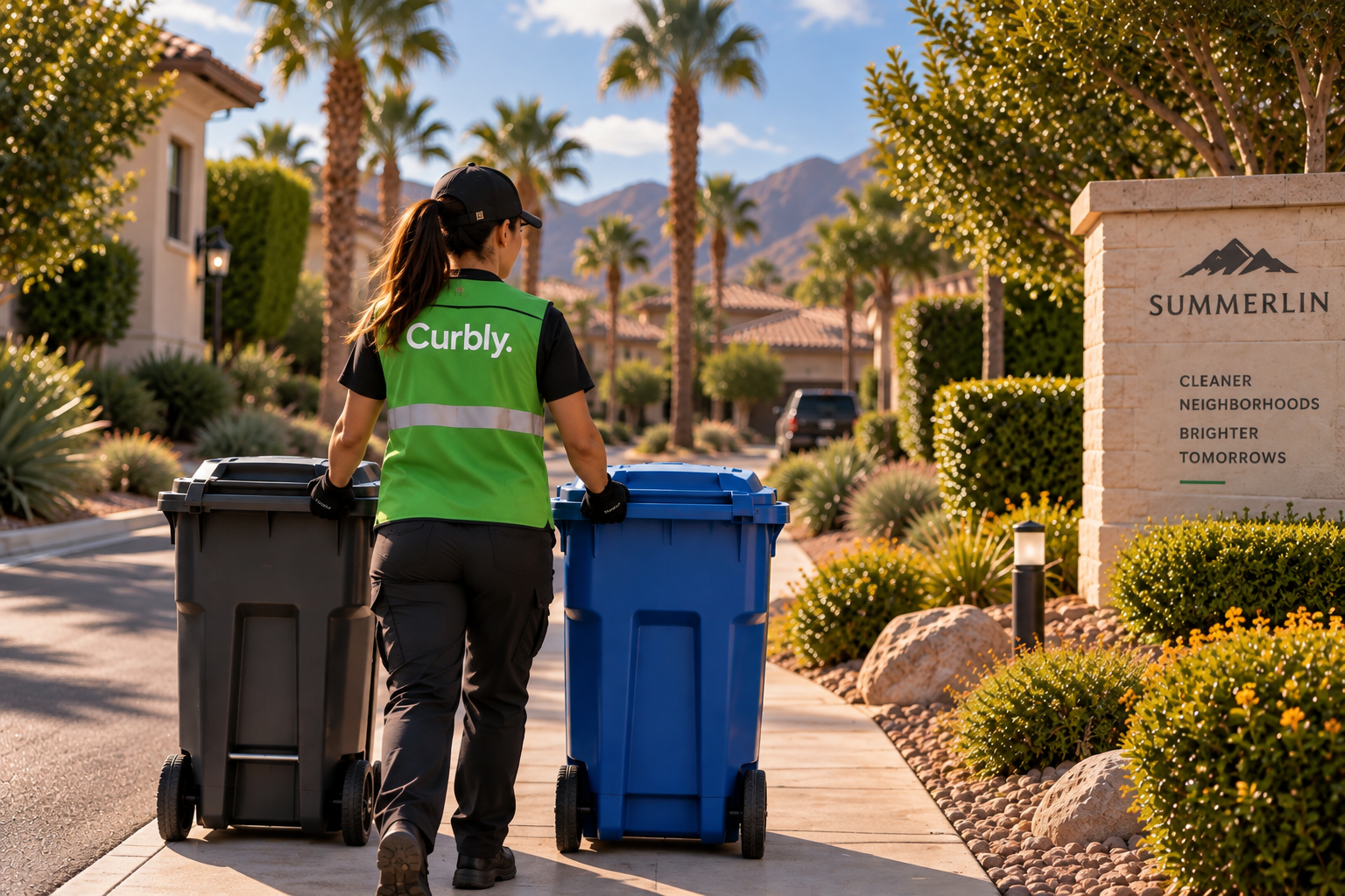 A Curbly operator moving blue and black bins through a landscaped Summerlin neighborhood