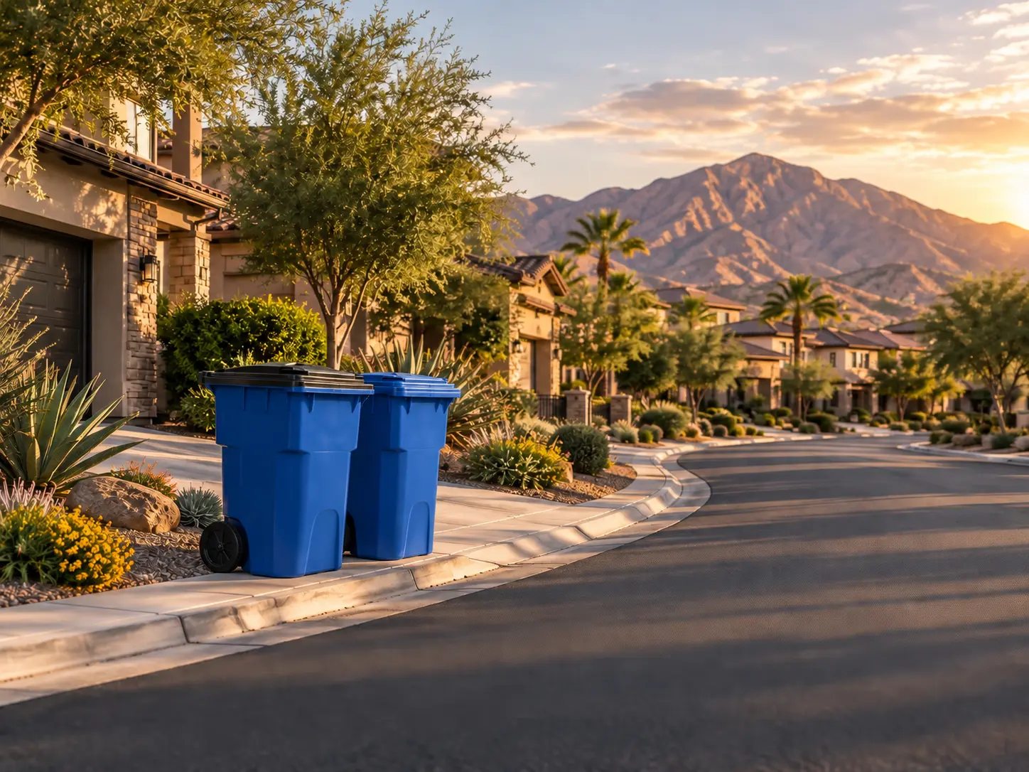 Two blue Curbly bins set at the curb of a quiet Summerlin street with desert mountains behind