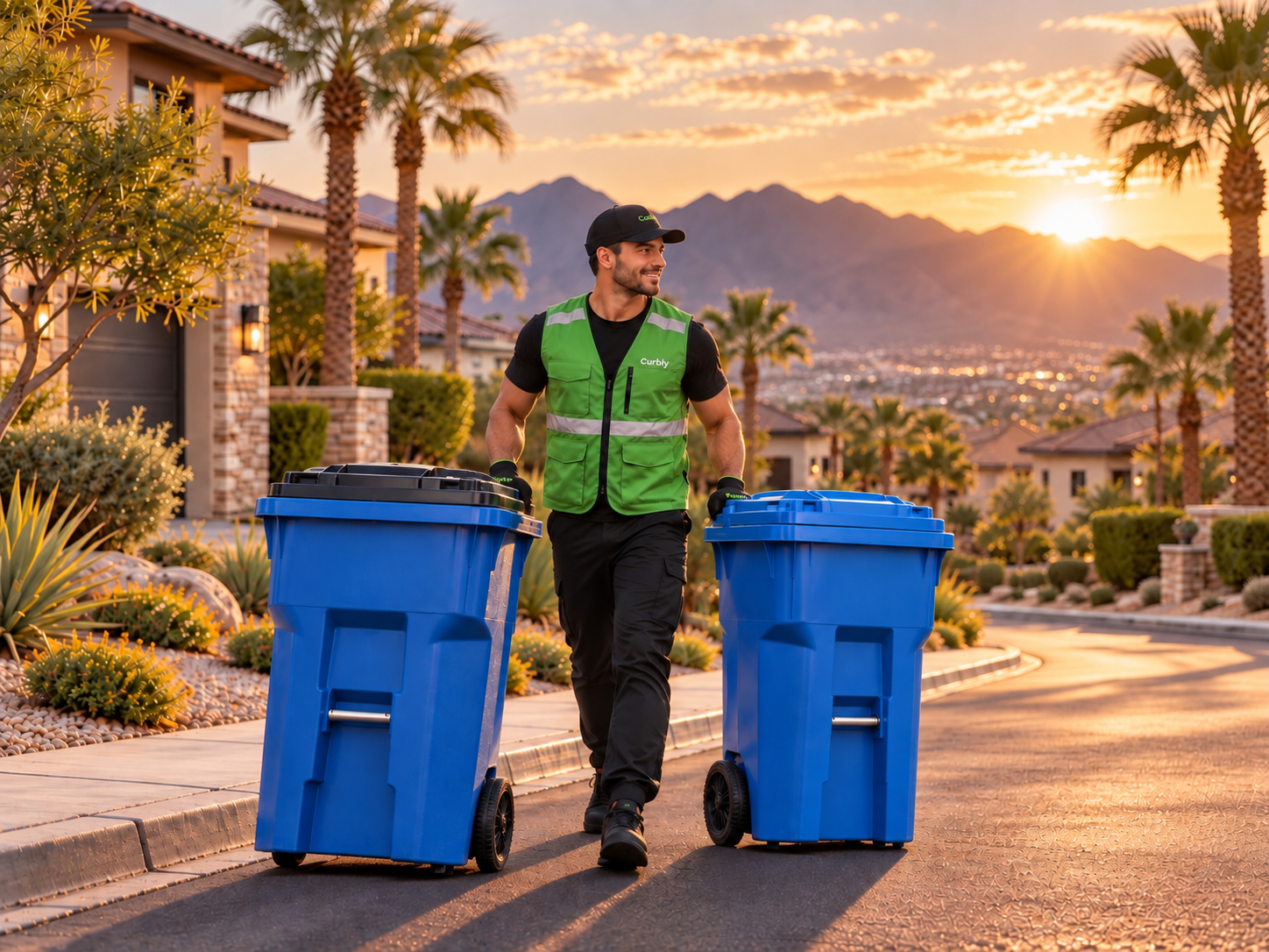 Curbly operator moving two blue trash bins in a Summerlin neighborhood.
