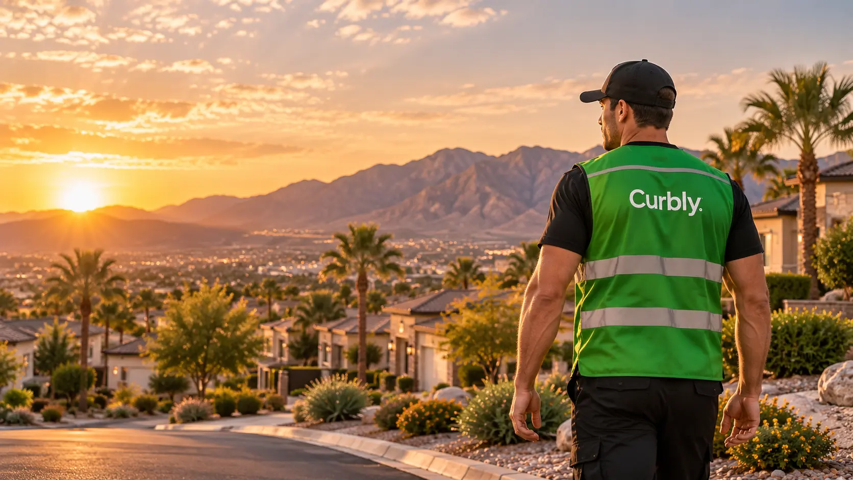 A Curbly service professional overlooking a Summerlin neighborhood at sunset