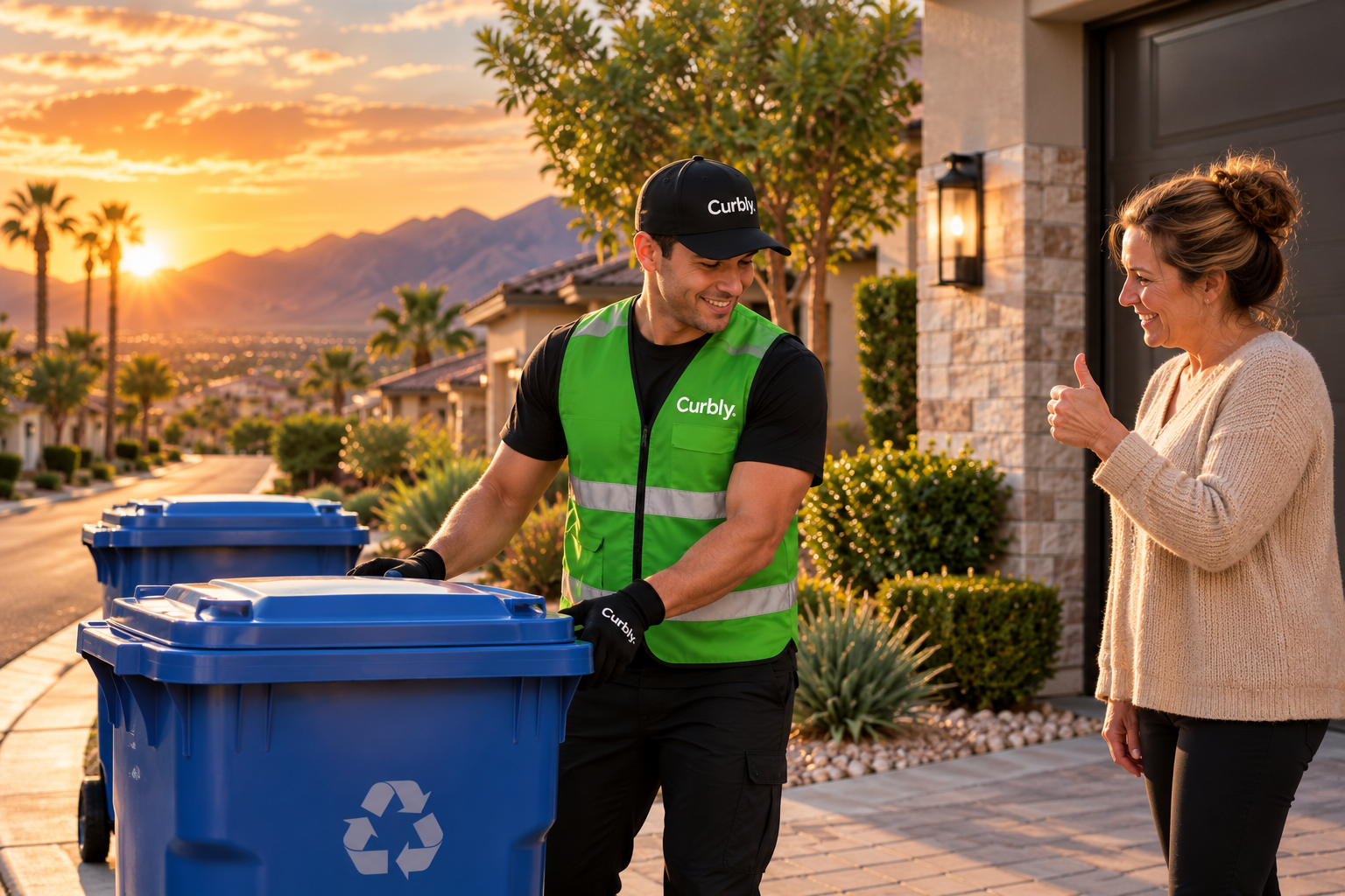 Curbly operator moving a homeowner's blue bins at the curb while the homeowner gives a thumbs up.
