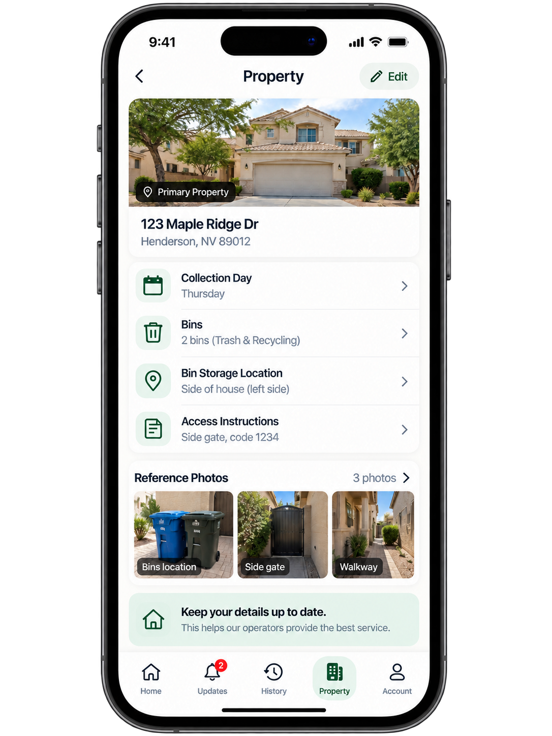 Curbly customer app Property screen showing collection day, bin details, storage location, access instructions, and reference photos.