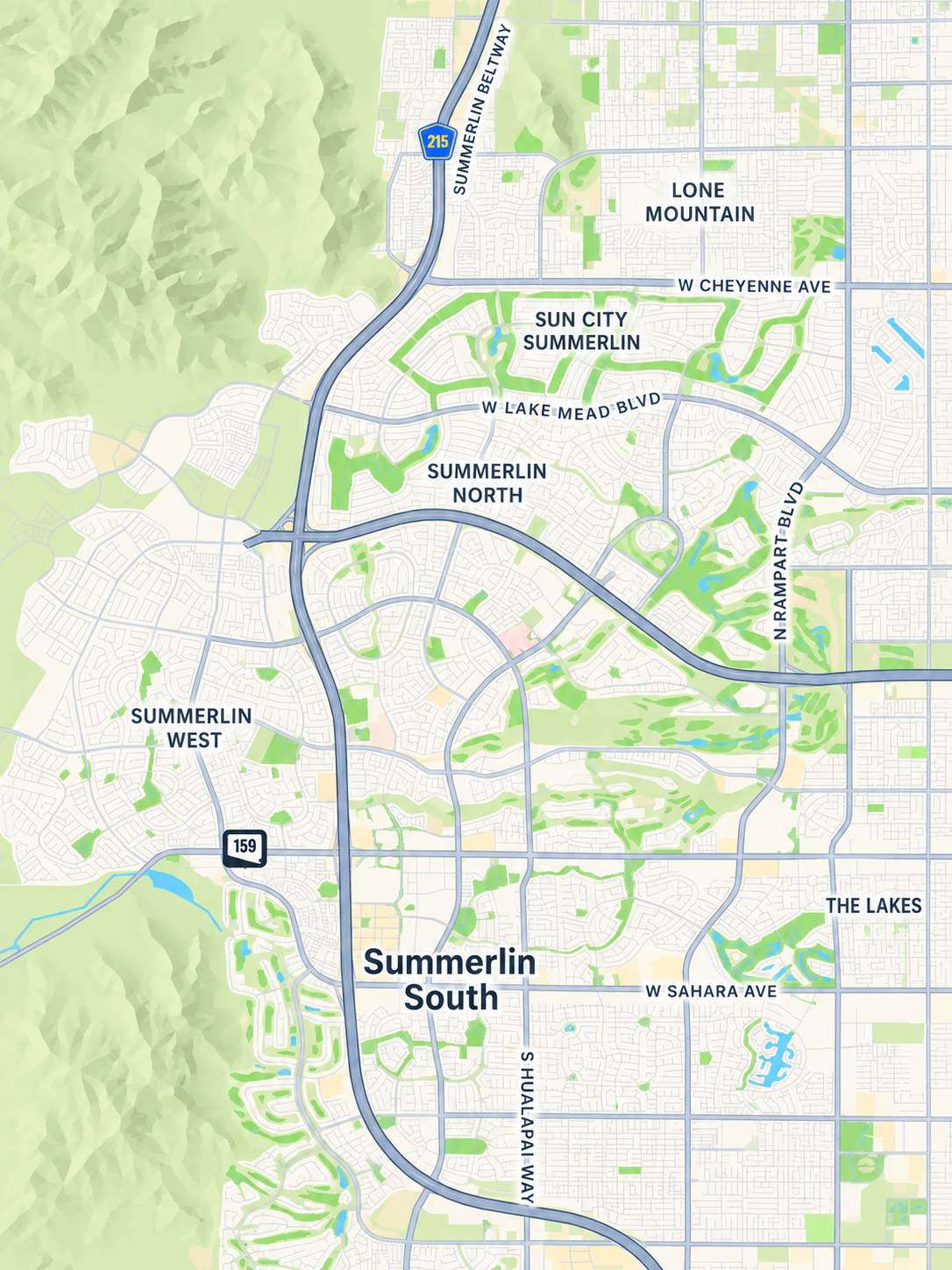 Map of the Summerlin service area in west Las Vegas, showing Summerlin North, Summerlin South, Summerlin West, Sun City Summerlin, Lone Mountain, and The Lakes