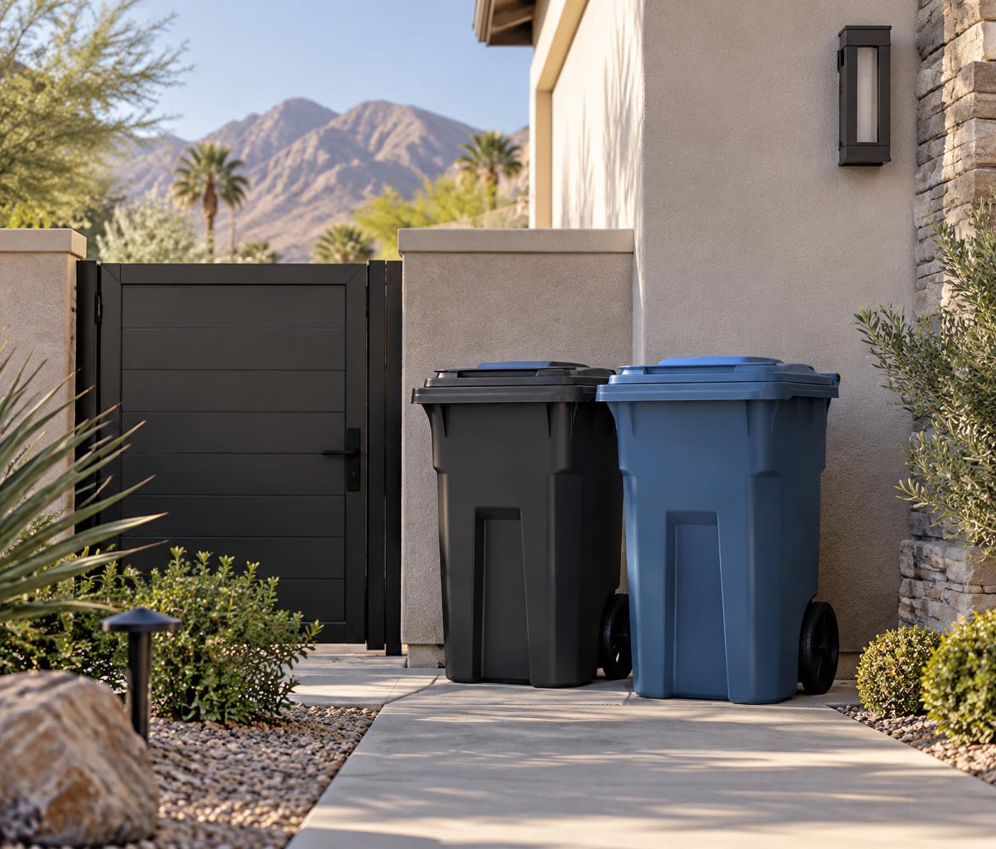 Trash and recycling bins stored neatly beside a Summerlin home