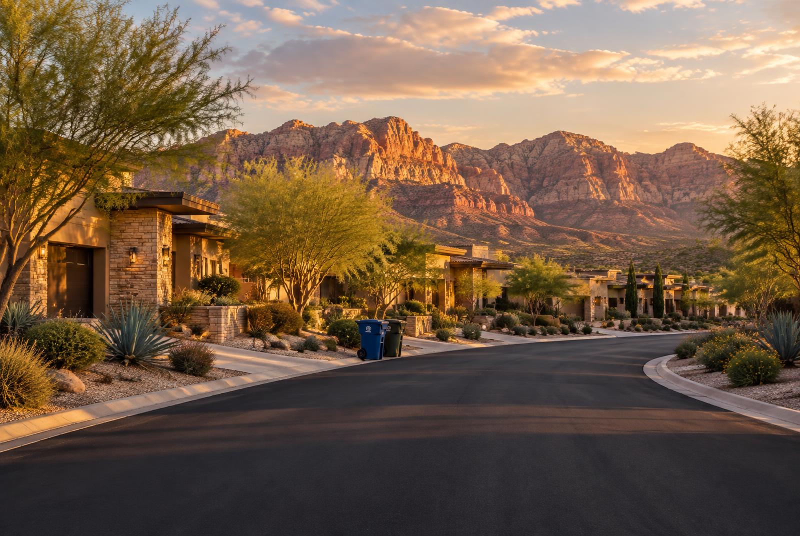 Upscale Summerlin homes, curbside bins, and Red Rock Canyon at golden hour