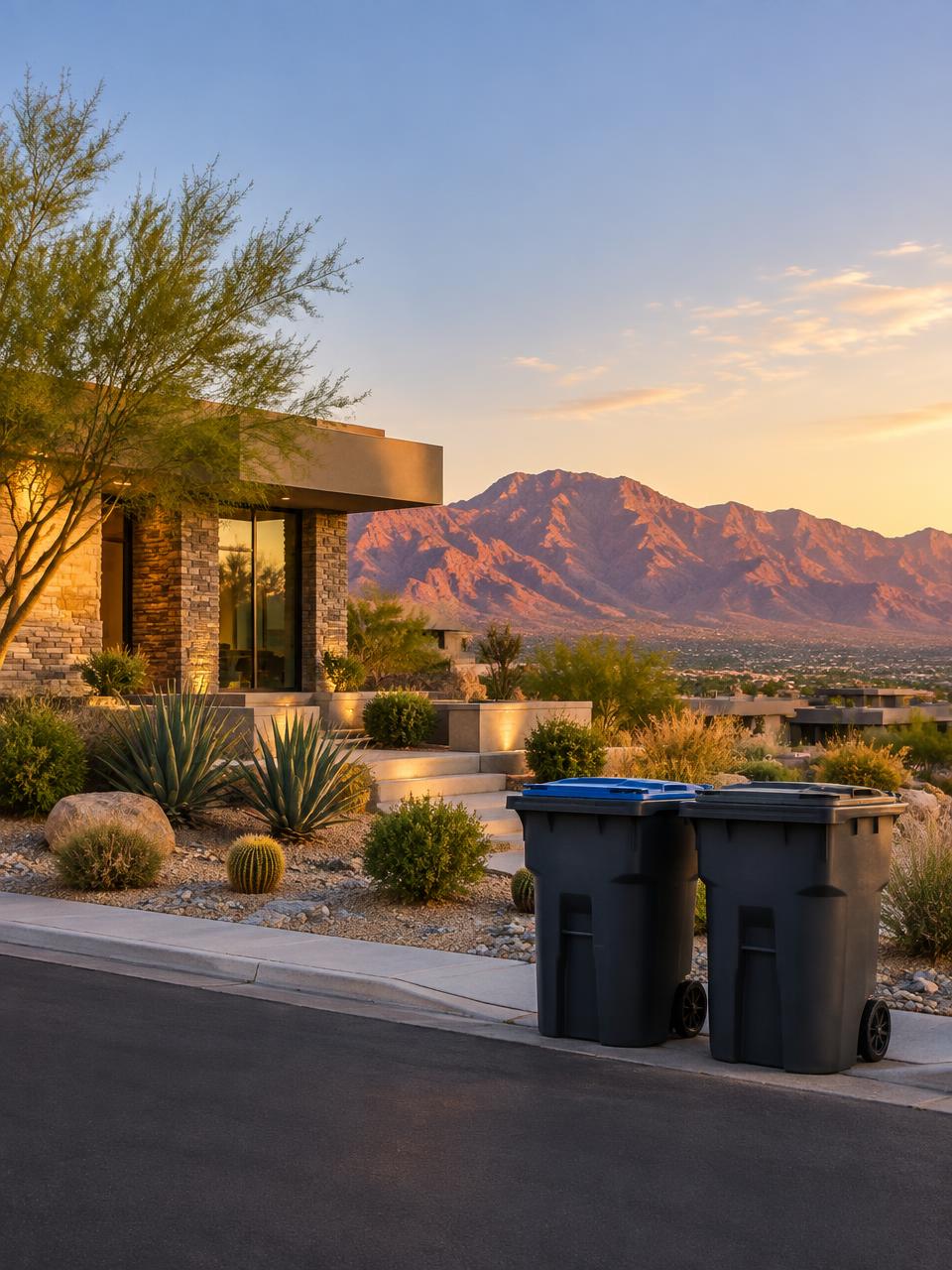 Two curbside bins beside a Summerlin home with desert mountains at golden hour